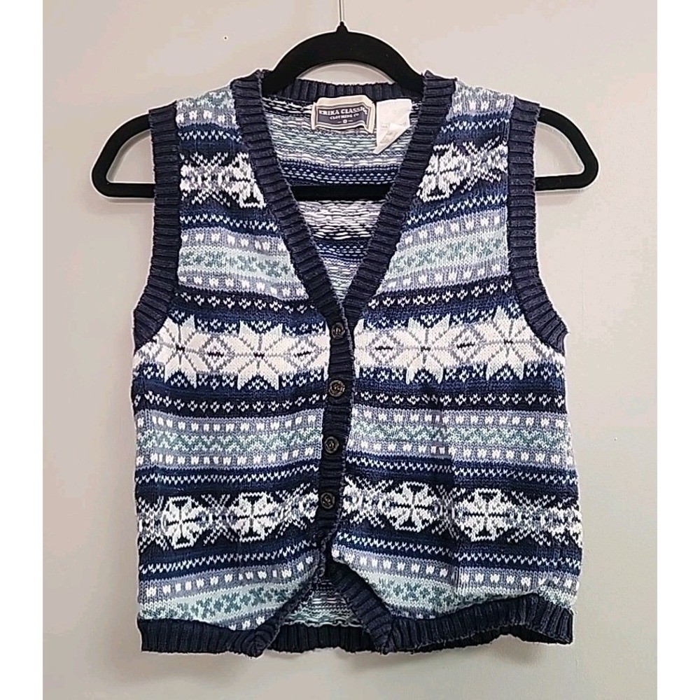 Vintage Erika Classics Women L Blue Fair Isle Knit Vest Y2k 90's Grandmacore
